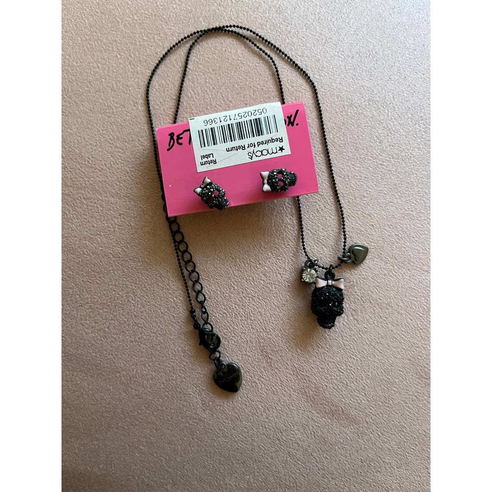 Betsey Johnson Pink Bow Crystal Skull Necklace and Earrings